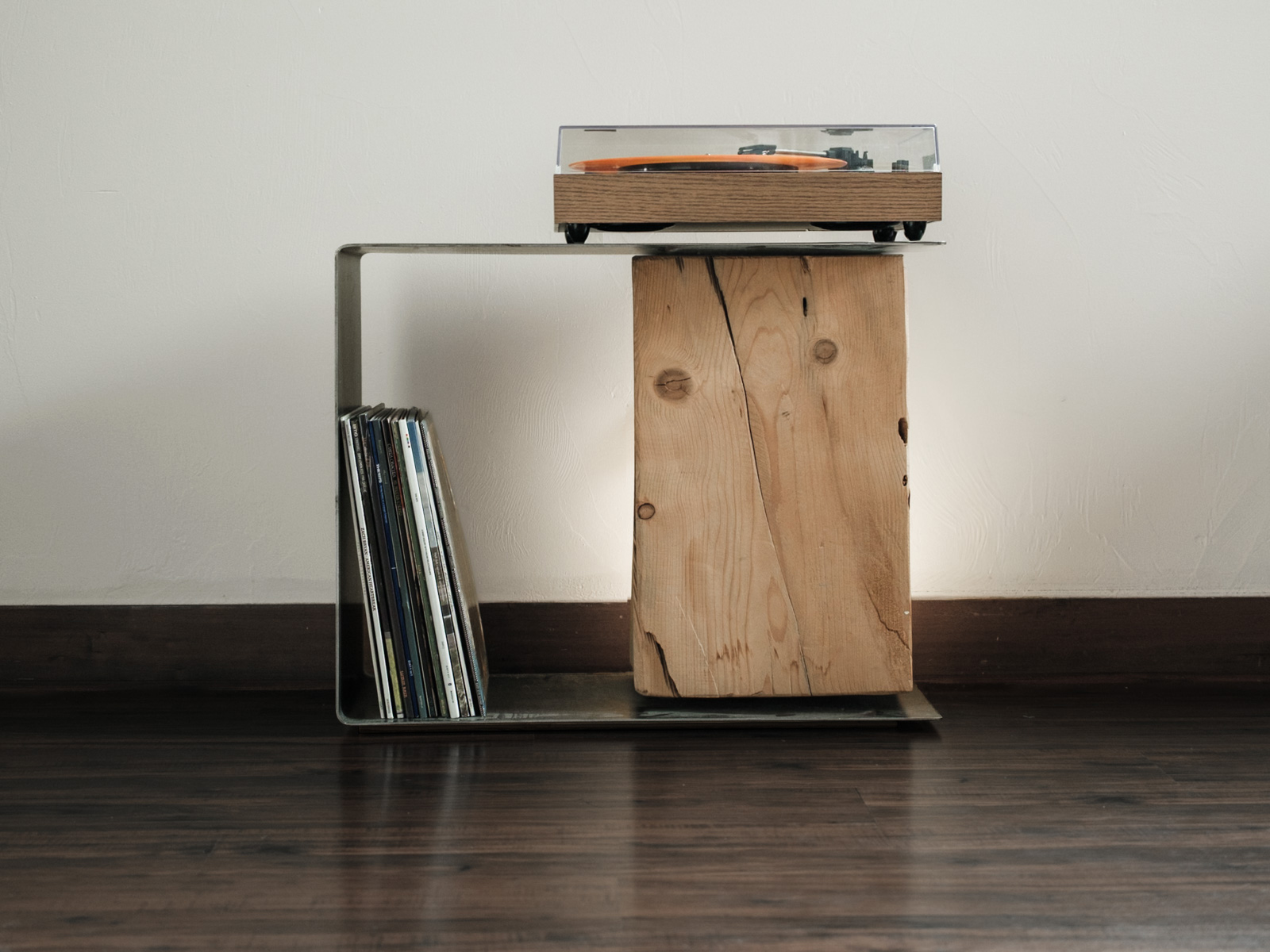 BND Series hand-fabricated steel and timber record stand for turntable.