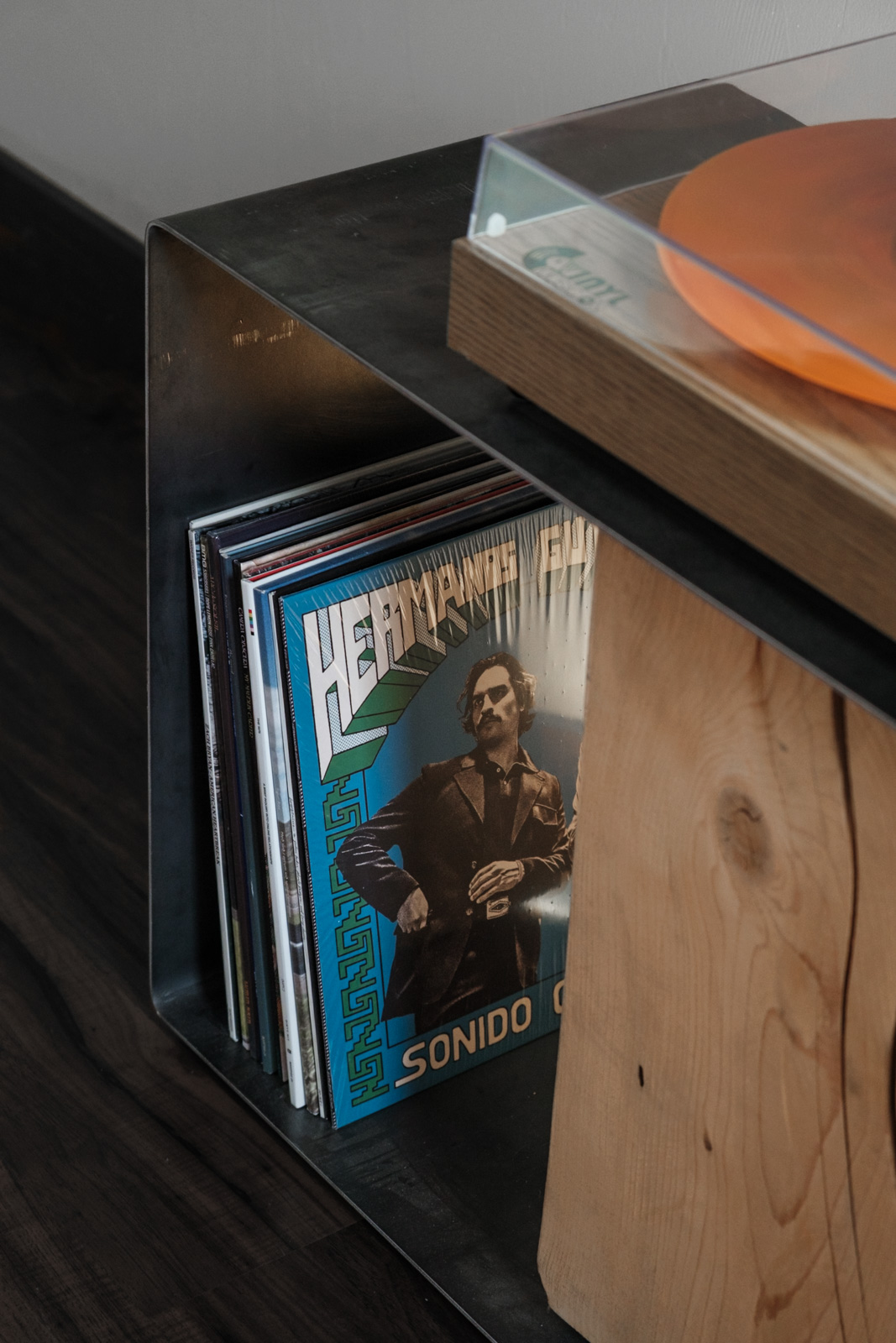 BND Series minimalist steel vinyl storage detail with records.