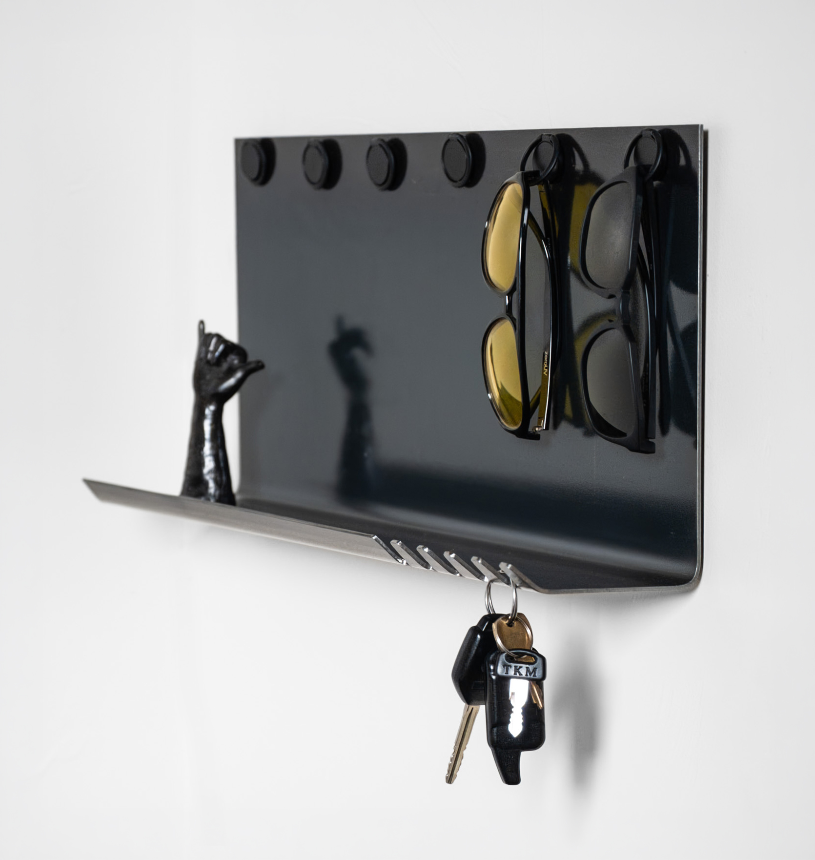 BND Series steel entryway valet with magnetic sunglass storage and integrated key hooks.
